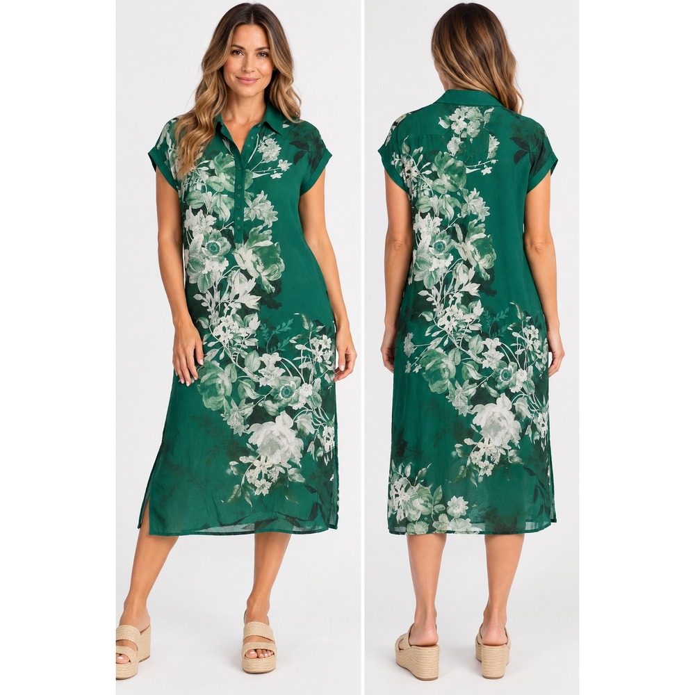 Johnny Was Ezze Dolman Shirt Dress Green Floral Button Front Midi Boho Women's S